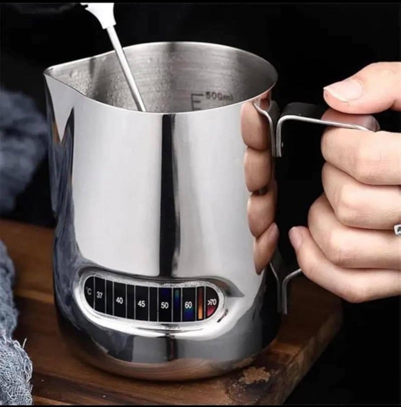 Milk Frothing Pitcher with Thermometer Espresso Steaming Frothing Cup, Perfect for Espresso Machines and Latte Cappuccino Art, Coffee Fest Family Office, Coffee Accessories (350 ml)